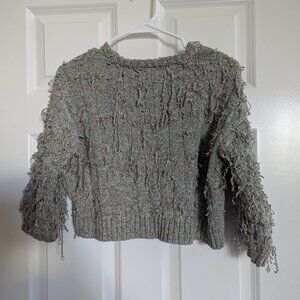 Jessica Simpson Marl Grey Green Knit Fringe Crop Sweater 3/4 Sleeve